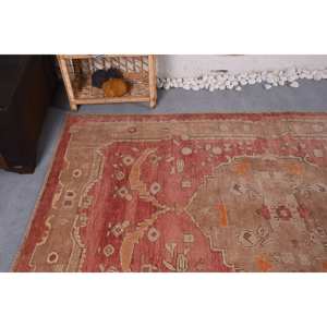 Alfombra turca vintage roja beige 4,6x7,8 FT diseño de retazos de lana de área grande para pasillo o dormitorio con respaldo de látex - Product Image 5