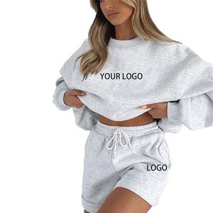 Ensemble short 2 pièces à col rond brodé à impression personnalisée en molleton de coton épais OEM pour femmes 320gsm - Product Image 1