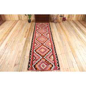 Turkish 3.1x10.5 ft Rug, <b>Runner</b> Vintage Rug, <b>Red</b> Striped Wool Rug - Product Image 1