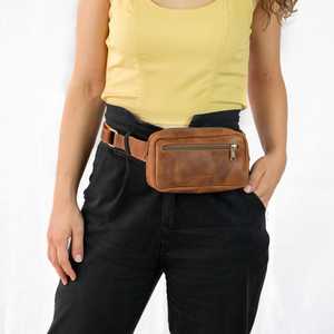 Sac de taille unisexe en cuir de vachette vintage LWB-0121 avec fermeture à glissière ceinture de sac à main de voyage et de randonnée avec logo amusant - Product Image 4