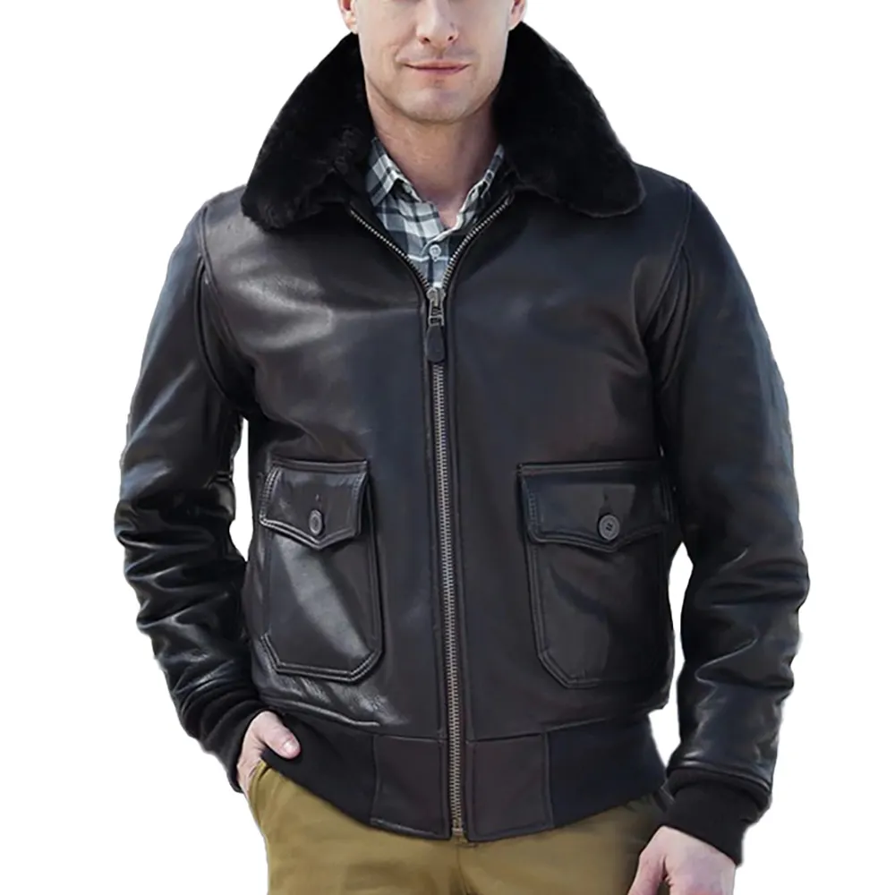 2022 Style Top Quality Material Aviator Pilot Brown Flying Bomber Genuine Leather Jacket for Men with Fur Collar