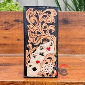 Cartera larga de diseño para hombre, diseño floral de tarjeta elegante con cuero tallado a mano, tarjetero de inspiración occidental - Product Image 1