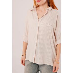 Lustrin Women's Oversize Cream Striped Viscose Shirt with Pocket Detail - Wholesale Loose Fit Blouse for Casual Wear - Product Image 6