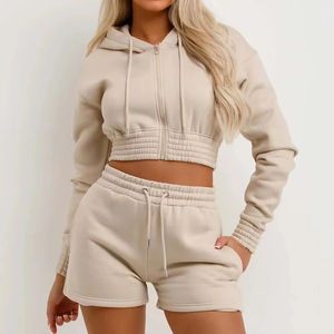 Conjuntos de mujer suaves y cómodos Conjuntos de pantalones cortos y Sudadera con capucha corta-Elegante traje de dos piezas para uso diario Conjuntos de mujer - Product Image 1