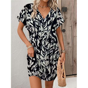 Robe courte à manches chauve-souris et col en V pour femme, motif Supreme, 37265 - Noir - Product Image 5