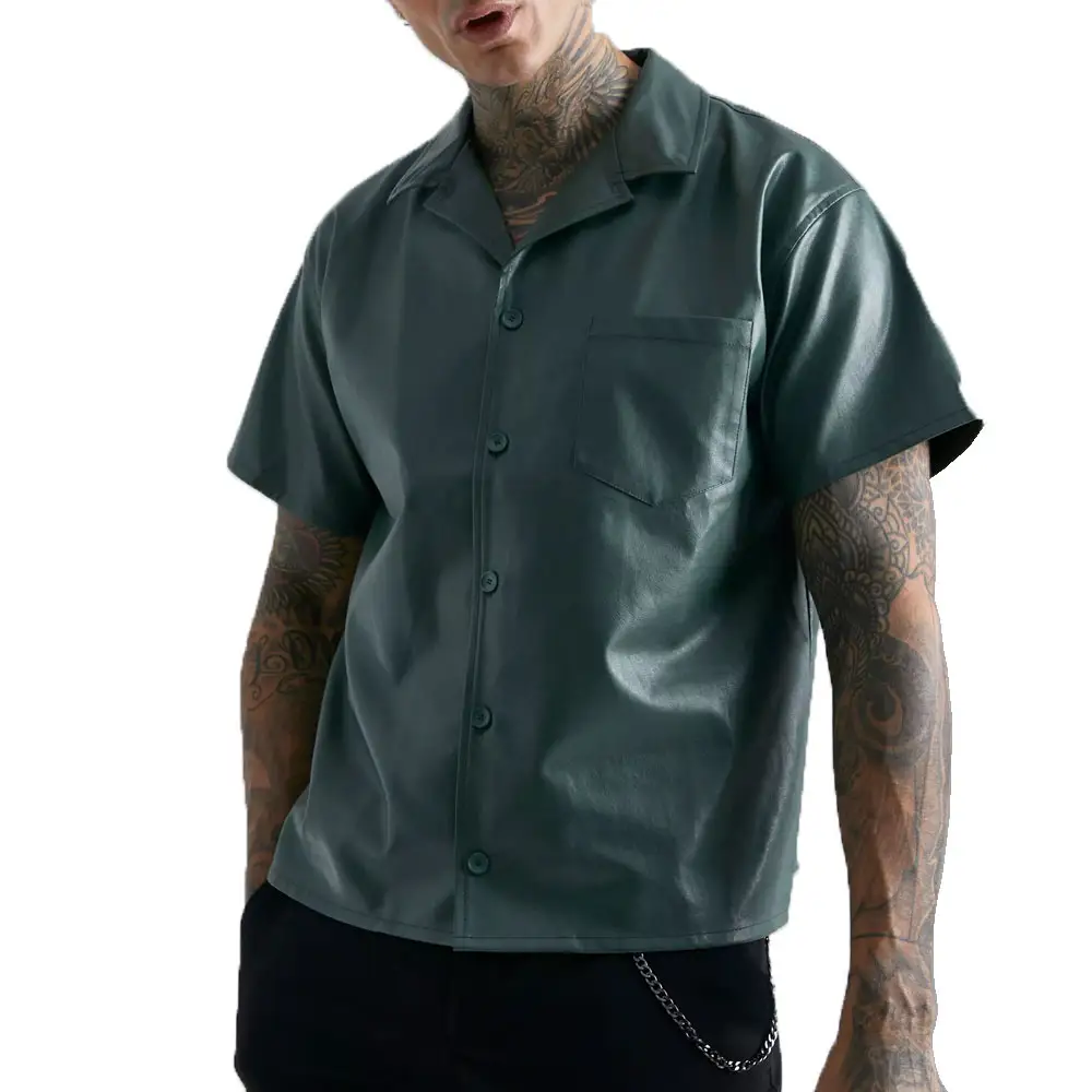 Venta caliente camisa de cuero de alta calidad personalizada suelta corte manga corta cuello negro holgado vegano Streetwear camisa de cuero para hombre