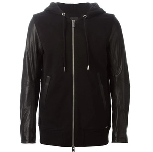 High Quality 100% Cotton <b>Black</b> French Terry <b>Hoodie</b> with <b>Zipper</b> Customized Leather Sleeve Eco-Friendly Outdoor Workout Winter - Product Image 4