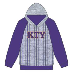 Pinstripes Design Premium Omega Fraternity Heather Grey Hoodie Mangas raglán moradas con logotipo de chenilla Divine Nine HBCU Apparel - Product Image 2