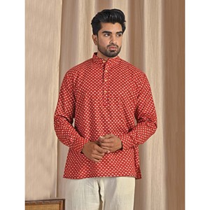 Kurta court en coton popeline bleu imprimé pour homme, chemise décontractée à manches longues, respirante et confortable - Product Image 1