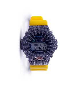 Montre de luxe Royal Sparkle avec bracelet jaune, lunette en onyx-noir sertie de diamants, mouvement à quartz en acier inoxydable, date automatique, unisexe, cadran de 46 mm - Product Image 2