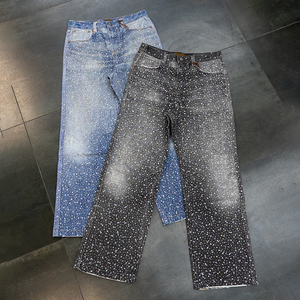 Venta al por mayor personalizado vintage lavado completo strass holgado recto pantalones de mezclilla de gran tamaño cristal strass Streetwear Jeans para hombres - Product Image 2