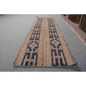 พรมขนแกะลายสี่เหลี่ยมสไตล์วินเทจสำหรับห้องนั่งเล่น1.7x5.7ft ลาเท็กซ์ดีไซน์แบบเย็บปะต่อสีส้มสีน้ำเงินสไตล์วินเทจ - Product Image 2