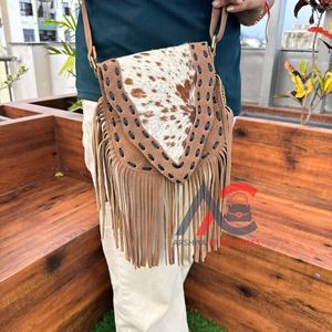 Venta caliente Western Real Hair On Suede Leather Fringe Crossbody Bag para mujer Custom Genuine Leather Hand Stitch Purse - Product Image 1