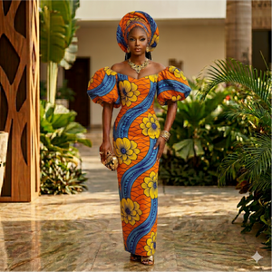 Vestido africano con estampado de cera en rosa y azul, con mangas abullonadas y pañuelo a juego para bodas y fiestas. - Product Image 3