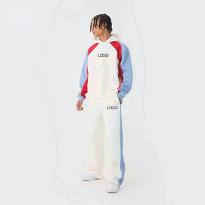 Ensemble sweat-shirt et pantalon de survêtement pour homme, style vintage, panneaux contrastés, ample, streetwear, blocs de couleur, cordon de serrage, rouge, blanc, bleu - Product Image 4