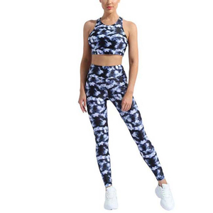 Vêtements de sport, imprimé tie-dye, ensembles de yoga 2 pièces, vêtements de sport, col en U, taille élastique, leggings de yoga haute résistance et ensemble de soutien-gorge pour femmes - Product Image 2