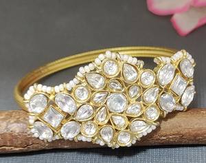 Classic Golden Openable Kundan <b>Pearl</b> Kada/<b>Bracelet</b> <b>Gold</b> Plated Flower Pattern on Classic Brass with Moissanite Stone for Parties - Product Image 2