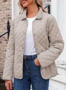 Chaqueta Acolchada de Mujer Personalizada, Chaqueta de Invierno con Diseño de Diamantes, Manga Larga, Cierre de Botones, Ropa Exterior con Bolsillos - Product Image 3