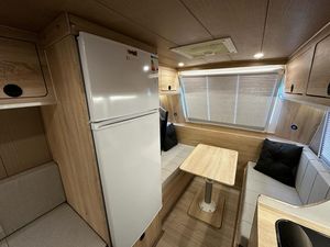 FIRMO Maxi 410 Mini Caravan 4 Person Aluminum Travel Trailer Slide-Out <b>Kitchen</b> Modern <b>Camping</b> RV White Exterior - Product Image 4