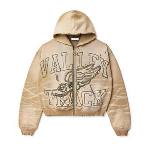 Sweat à capuche zippé pour homme 2027, poids lourd, délavé à l'acide, déchiré, streetwear, brodé, pièce de mode - Product Image 1