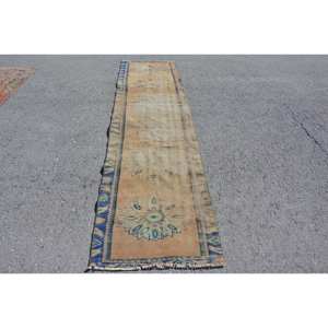 Tapis Vintage en Laine Turque 24X10 pieds Beige Bleu Patchwork Design Boho Style Latex pour Grandes Chambres pour Couloir Chambre - Product Image 1