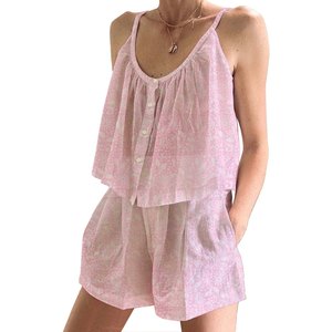 Ensemble de pyjama pour femmes, style bohème hippie, manches bouffantes, shorts, coton indien, printemps/été, floral, ajusté, bretelles fines, sans manches - Product Image 1