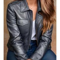 Veste de motard coupe-vent en cuir de veau noir personnalisée BS International, col mandarin, devant en toile 100% imperméable, unisexe