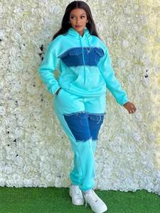 Ensemble de survêtement en denim à capuche pour femmes grande taille, 2 pièces, vêtements de rue d'hiver, haut à manches longues, pantalon assorti, costume de fête - Product Image 5