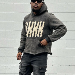 Sudadera con capucha para hombre OEM al por mayor, estilo streetwear, con bajo deshilachado, letras bordadas en felpa francesa, parche y aplique desgastado, lavado ácido - Product Image 2