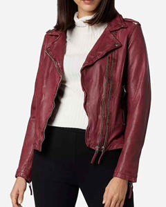 Chaqueta de Motociclista Roja para Mujer, Nueva Colección 2025, Piel de Oveja Genuina, Botones, Cierre, Forro de Seda Impermeable, Corta, para Invierno - Product Image 4