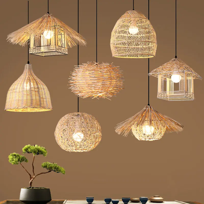 Nordic designer kitchen dining room home decor lighting pendant hanging ceiling light modern bamboo rattan led pendant light