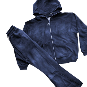 Ensemble survêtement pour homme en molleton vintage bleu marine délavé à l'acide, veste à capuche zippée, pantalon de jogging, style streetwear surdimensionné, tenue d'hiver - Product Image 5