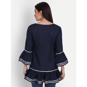Navy Blue Rayon Solid Bell <b>Sleeve</b> <b>Top</b> for Ladies Embroidered Office Shirt Linen Chiffon Fabric Long XL XXL Sizes Loose <b>Lapped</b> - Product Image 4