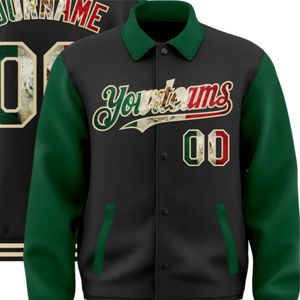 Veste bomber personnalisée noire vintage avec drapeau mexicain, vert Kelly neutre, entièrement boutonnée, style universitaire, col à revers bicolore, modèle Byron - Product Image 6