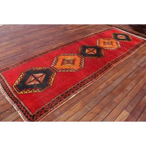 4x11.4 ft Turkish Vintage Rug, <b>Runner</b> Rug, <b>Red</b> Check Rug - Product Image 2