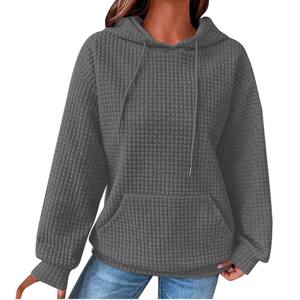 Pull d'hiver pour femme en tricot gaufré à épaules tombantes, sweat-shirt oversize OEM uni thermique 100% coton à manches longues avec poches kangourou - Product Image 3