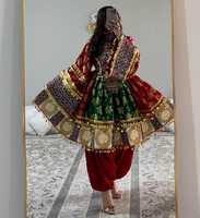 Servicio OEM, Vestido Afgano Kuchi para Mujer, Hecho a Mano, de Alta Calidad, con Bordado, Pliegues, Volantes, Cinturón, Diseño Moderno y Natural, Línea A, Largo hasta la Rodilla