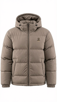 Blouson matelassé non tissé à capuche pour homme, couleur unie, fermeture éclair, chaud, en nylon fini, vêtement d'extérieur décontracté avec logo frontal