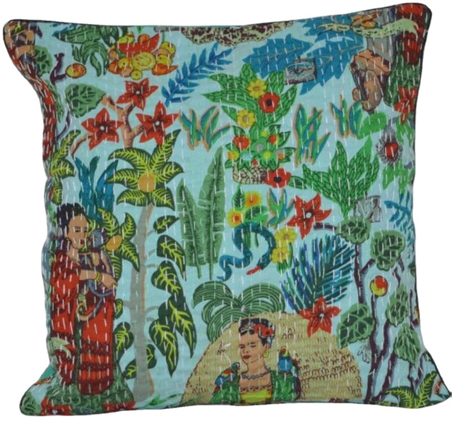 Handmade Beautiful Cotton Kantha Square Cushion Cover Floral Embroidered Pillow Cover for Home Hotel & Sofa Decorative Use