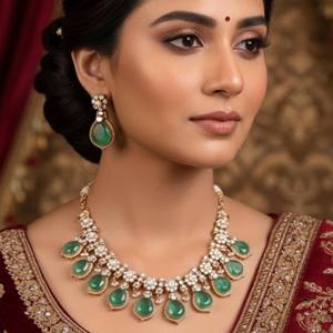 Exquisite Silver Green <b>Kundan</b> Necklace Set with Earrings | Handcrafted Bridal <b>Jewelry</b> | Traditional Wedding Statement Necklace - Product Image 3