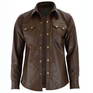 Prix d'usine de couleur marron Nouvelles chemises en cuir boutonnées pour hommes, deux poches latérales en fil de chemise en cuir pour hommes - Product Image 3