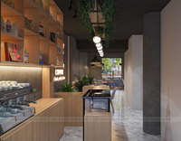 Comptoir de bar moderne en bois, bureau d'accueil pour café, poste de caisse minimaliste, station de travail pour bar à eau, boulangerie, salon de thé