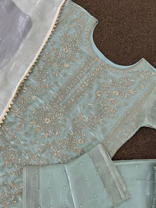 Heavy Designer Pure Silk Heavy Embroidery and Riveted Moti Work <b>Kurti</b> and Pant With Fancy Latkan Lace Border Dupatta - Product Image 6