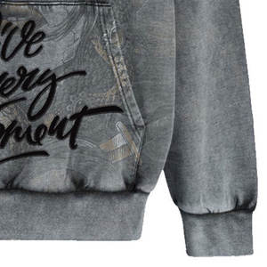 Sudadera con capucha de algodón completa con hombros caídos en negro y logotipo personalizado para hombre, diseño Vintage lavado ácido con patrón sólido en aerosol, capucha 100% - Product Image 5