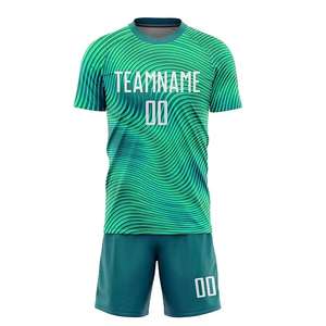 Custom football kit <b>mens</b> breathable quick dry <b>green</b> jersey and <b>shorts</b> set with wave pattern training uniform lightweight - Product Image 2