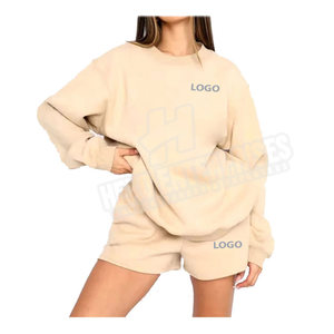 Hot Sale Casual Pullover Loose Knitting Lounge Wear <b>Women</b> Set Blank Logo Custom Trendy Spring Sweatshirt and <b>Shorts</b> Set - Product Image 1
