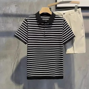 Summer Ice Silk T-Shirt Casual Slim Fit Lapel Breathable Quick Drying Men's Golf Polo Shirt Striped Short Sleeved Business Top - Product Image 3