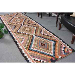 Alfombra Turca Vintage de 3.4x9.8 pies (105x300 cm), Alfombra Herki con Parches Naranjas - Product Image 1