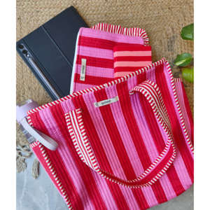 Twin for <b>Pink</b> Stripe Tote Bag Flat Pouch Set Medium Size Cotton Large Capacity Open <b>Top</b> Bottle Holder Matching Frill Pouch - Product Image 1