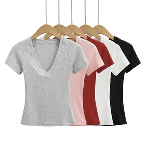 Trendy Fashion V Neck <b>T</b> <b>Shirts</b> for Women Solid Color Dyed Crop top Custom Deep V Neck <b>T</b> <b>Shirts</b> - Product Image 1
